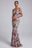 Vestido comprido de baile cinzento claro com lantejoulas florais com lantejoulas