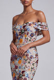 Vestido comprido de baile cinzento claro com lantejoulas florais com lantejoulas