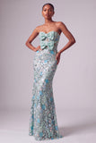 Vestido de Baile Longo Sem Alças com Lantejoulas Florais Azul Poeirento, Vestido de Baile Longo Sem Alças