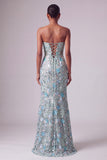 Vestido de Baile Longo Sem Alças com Lantejoulas Florais Azul Poeirento, Vestido de Baile Longo Sem Alças