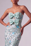 Vestido de Baile Longo Sem Alças com Lantejoulas Florais Azul Poeirento, Vestido de Baile Longo Sem Alças
