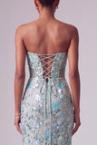 Vestido de Baile Longo Sem Alças com Lantejoulas Florais Azul Poeirento, Vestido de Baile Longo Sem Alças