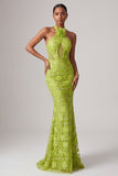 Sereia verde com decote caber e bordado com lantejoulas, vestido de baile longo com flores 3D