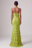 Sereia verde com decote caber e bordado com lantejoulas, vestido de baile longo com flores 3D