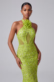 Sereia verde com decote caber e bordado com lantejoulas, vestido de baile longo com flores 3D