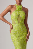 Sereia verde com decote caber e bordado com lantejoulas, vestido de baile longo com flores 3D