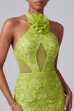 Sereia verde com decote caber e bordado com lantejoulas, vestido de baile longo com flores 3D