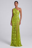 Vestido de baile de finalistas com um ombro verde lantejoulas franzidas em tule e fenda