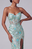 Espartilho azul poeirento, decote em V transparente com lantejoulas, bordado de sereia, vestido de baile longo com fenda