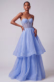 Vestido de Baile de Finalista Longo em Espartilho Azul Pérolas Transparentes Pérolas Sem Alças