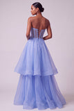 Vestido de Baile de Finalista Longo em Espartilho Azul Pérolas Transparentes Pérolas Sem Alças