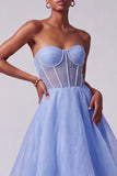 Vestido de Baile de Finalista Longo em Espartilho Azul Pérolas Transparentes Pérolas Sem Alças