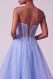 Vestido de Baile de Finalista Longo em Espartilho Azul Pérolas Transparentes Pérolas Sem Alças