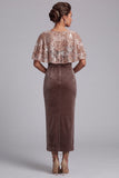 Chocolates Sheath Veludo de gola redonda Lantejoulas Vestido comprido de mãe da noiva com capa