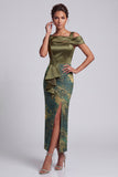 Vestido longo de mãe da noiva com estampado assimétrico de ombros azeitona, com folhos