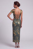 Vestido longo de mãe da noiva com estampado assimétrico de ombros azeitona, com folhos