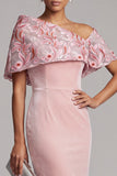 Vestido longo de mãe da noiva de veludo assimétrico de forma cor-de-rosa e veludo assimétrico de um ombro bordado