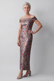 Vestido de mãe da noiva Jacquard com bainha cinzenta ombro descoberto