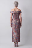 Vestido de mãe da noiva Jacquard com bainha cinzenta ombro descoberto