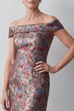 Vestido de mãe da noiva Jacquard com bainha cinzenta ombro descoberto