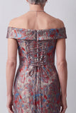 Vestido de mãe da noiva Jacquard com bainha cinzenta ombro descoberto