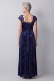 Mangas de renda em veludo azul-marinho Vestido A-Line Mãe da Noiva
