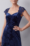 Mangas de renda em veludo azul-marinho Vestido A-Line Mãe da Noiva
