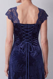 Mangas de renda em veludo azul-marinho Vestido A-Line Mãe da Noiva