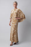 Veludo de veludo champanhe com decote de bateau com estampado floral, vestido longo de mãe da noiva com capa