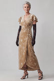 Vestido de mãe da noiva com decote em V e decote franzido champanhe com mangas com folhos
