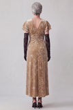 Vestido de mãe da noiva com decote em V e decote franzido champanhe com mangas com folhos