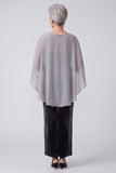 Vestido de mãe da noiva com bordado de veludo preto, lantejoulas franzidas com gola bata e capa de chiffon