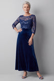 Ilusão azul escuro Veludo de Lantejoulas Bordado Vestido Longo Mãe da Noiva