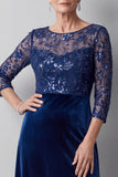 Ilusão azul escuro Veludo de Lantejoulas Bordado Vestido Longo Mãe da Noiva