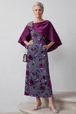 Veludo Fúcsia Bainha Cetim Floral Midi Vestido Mãe da Noiva com Capa