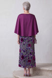Veludo Fúcsia Bainha Cetim Floral Midi Vestido Mãe da Noiva com Capa