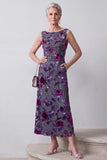 Veludo Fúcsia Bainha Cetim Floral Midi Vestido Mãe da Noiva com Capa