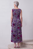 Veludo Fúcsia Bainha Cetim Floral Midi Vestido Mãe da Noiva com Capa