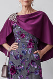 Veludo Fúcsia Bainha Cetim Floral Midi Vestido Mãe da Noiva com Capa