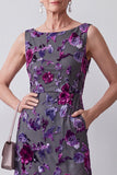 Veludo Fúcsia Bainha Cetim Floral Midi Vestido Mãe da Noiva com Capa