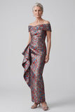 Vestido de mãe da noiva cinzento no ombro no ombro Jacquard com bainha franzida