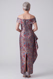 Vestido de mãe da noiva cinzento no ombro no ombro Jacquard com bainha franzida