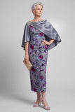 Veludo Cinzento Floral Sheath, Vestido de Mãe da Noiva com decote de bateau em cetim com capa