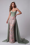 Corset de Espartilho Bordado Floral, Vestido Maxi de Concurso Sem Alças Verde Verde Cetim Verde Sálvia com Drapeado