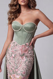 Corset de Espartilho Bordado Floral, Vestido Maxi de Concurso Sem Alças Verde Verde Cetim Verde Sálvia com Drapeado