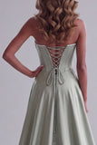Corset de Espartilho Bordado Floral, Vestido Maxi de Concurso Sem Alças Verde Verde Cetim Verde Sálvia com Drapeado