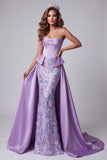 Corset sem alças de cetim lavanda, pérolas com bordado floral de sereia, vestido de concurso com drapeado