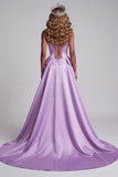 Corset sem alças de cetim lavanda, pérolas com bordado floral de sereia, vestido de concurso com drapeado