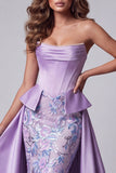 Corset sem alças de cetim lavanda, pérolas com bordado floral de sereia, vestido de concurso com drapeado