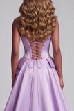 Corset sem alças de cetim lavanda, pérolas com bordado floral de sereia, vestido de concurso com drapeado